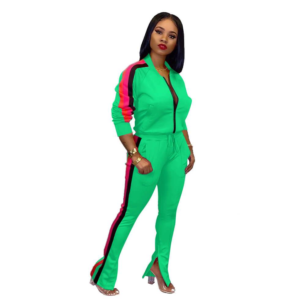 Zipper Blosue High Waist Patchwork Bell Bottom Pants Set