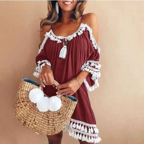Clearance Bare Shoulder Tassels Scoop Women Loose Short Dress
