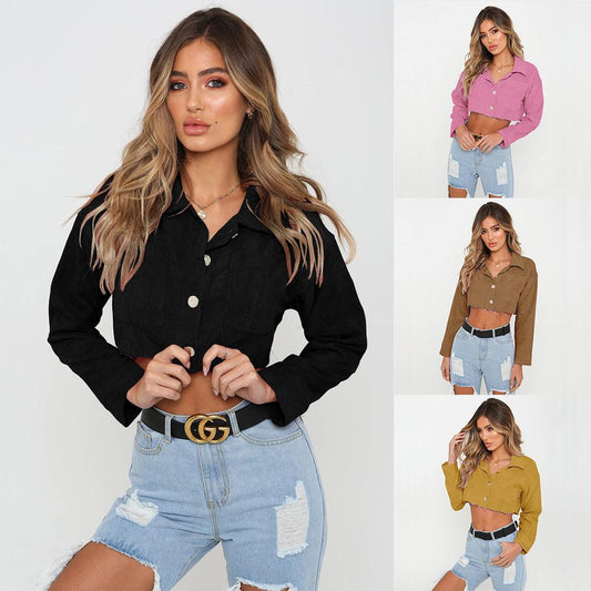 Shirt Collar Pockets Solid Color Women Cropped Short Denim Coat