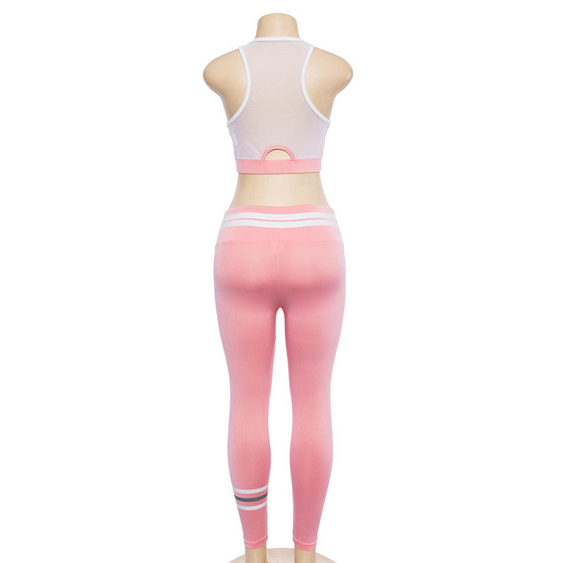 Crop Top with High Waist 9/10 Leggings Women Pink Two Pieces Yoga Sports Set