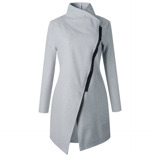 Stand Collar Oblique Zipper Women Irregular Oversized Coat