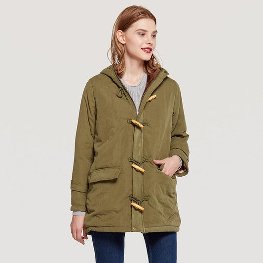 Horn Button Pockets Women Warm Oversized Hooded Coat