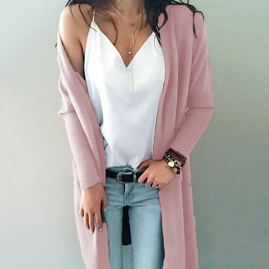 Solid Color Loose Pockets Long Women Cardigan Sweater