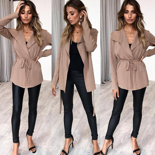 Lapel Solid Color Slim Women Knitwear Outwear Coat with Belt on