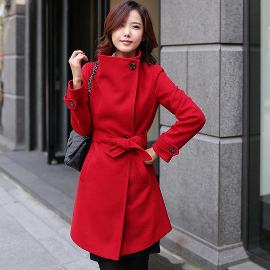 Stand High Neck Solid Color Women Oversized Woolen Slim Coat with Belt