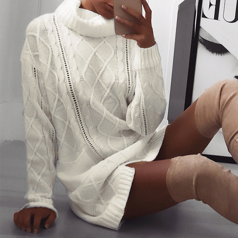 High Neck Split Cable Knit Pockets Long Pullover Women Sweater