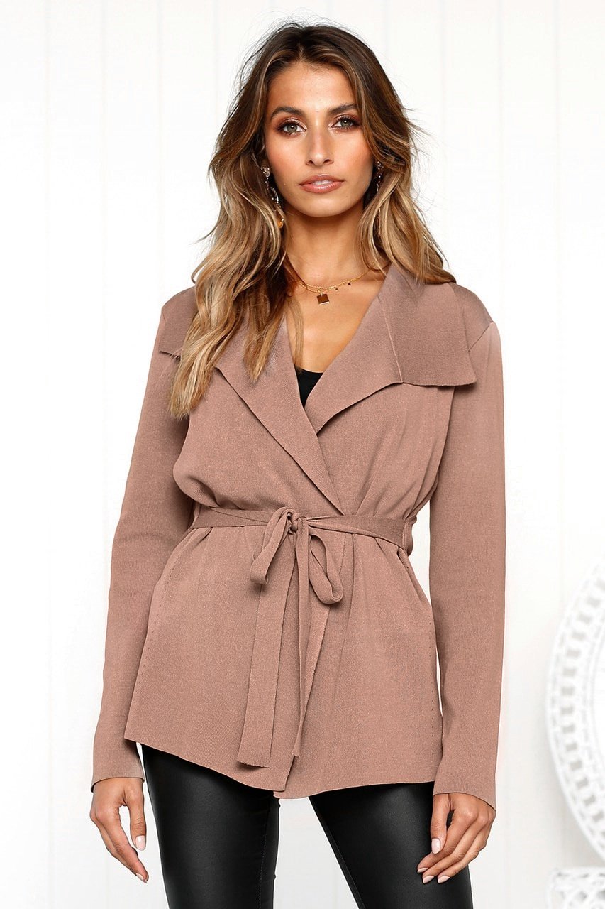 Lapel V-neck Solid Color Women Belt Cardigan