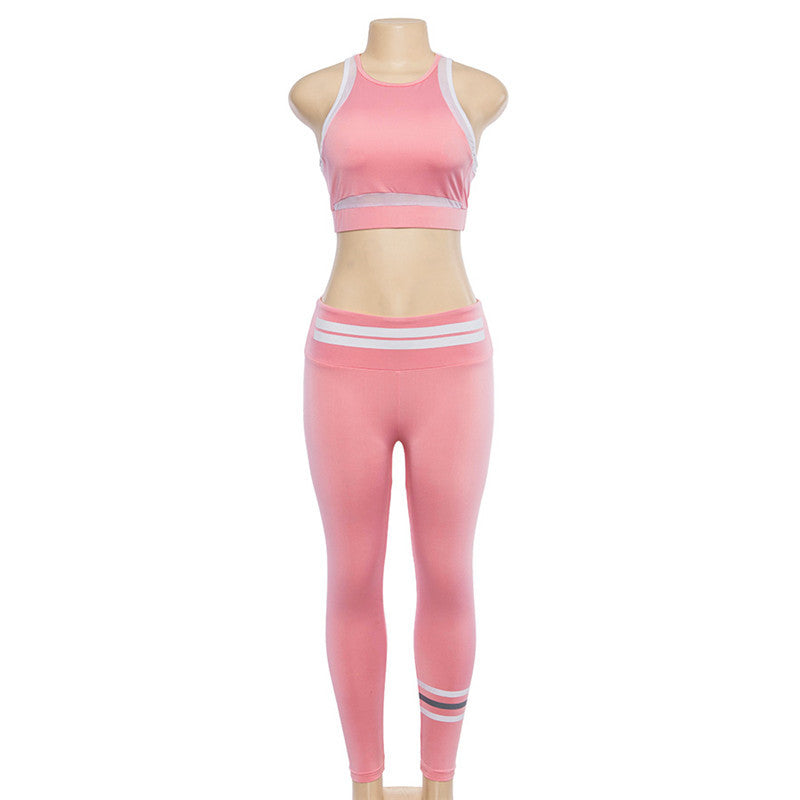 Crop Top with High Waist 9/10 Leggings Women Pink Two Pieces Yoga Sports Set