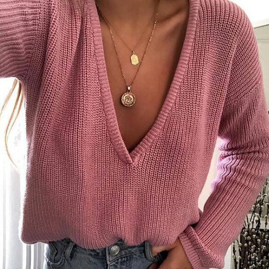 Deep V-neck Candy Color Women Loose Pullover Sweater