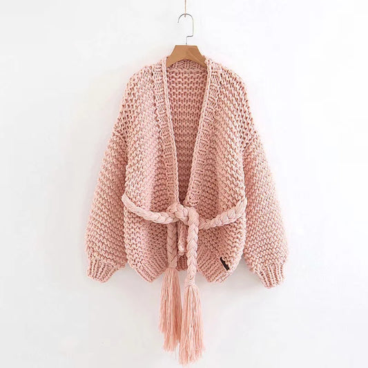 Hand Wave Knit Tassles Loose Long Lantern Sleeves Cardigan