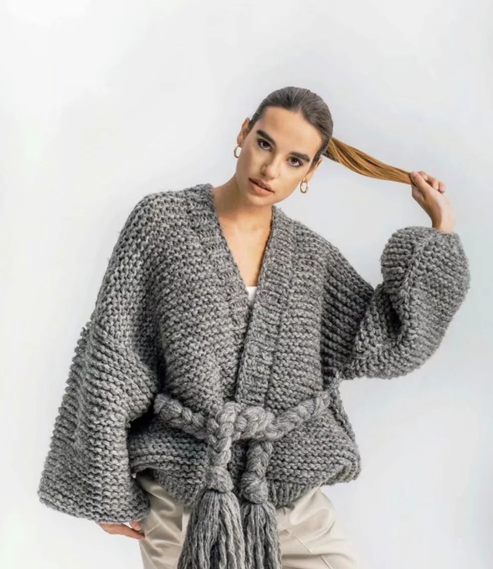 Hand Wave Knit Tassles Loose Long Lantern Sleeves Cardigan