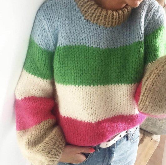 Rainbow Color Stripe Long Bishop Loose Women Pullover Sweater