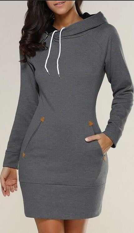 Fashion Pure Color Long Hoodie Dress