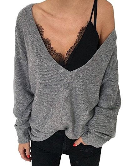 Off the Shoulder V-neck Loose Women Pullover Sweater