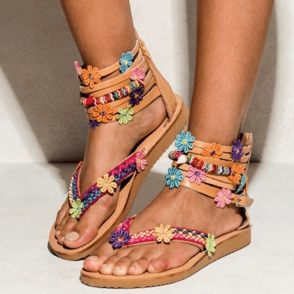 Summer Leather Thong Flat Floral Sandals