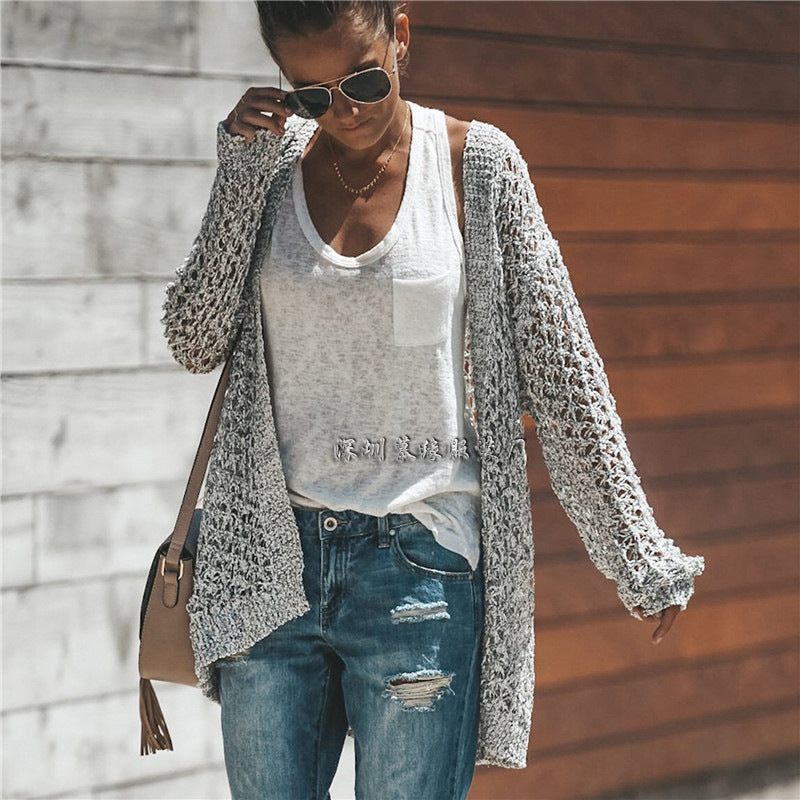 Hollow Out Knitwear Women Long Loose Cardigan Sweater