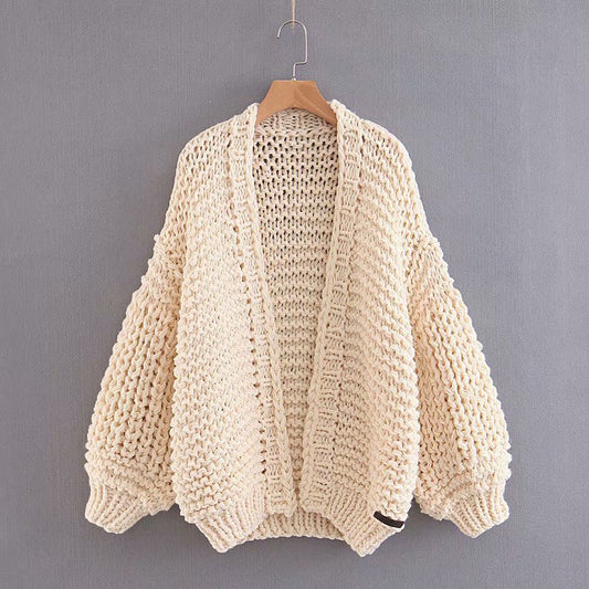 Loose Long Bishop Sleeves Women Hand Knit Chunky Sweater