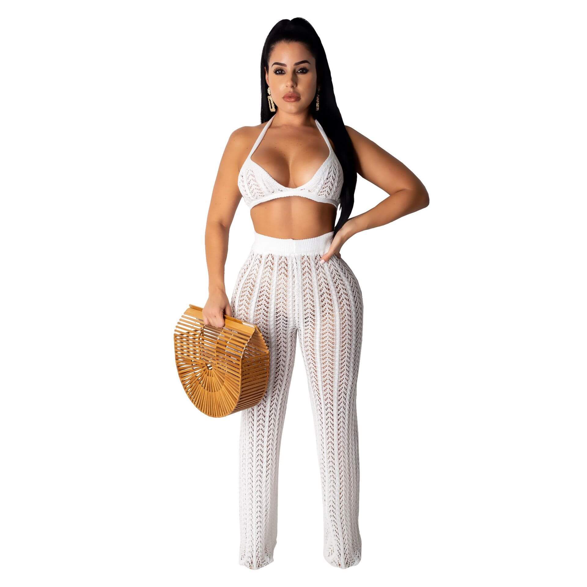 Spaghetti Straps Crop Top High Waist Bell Bottom Pants Set
