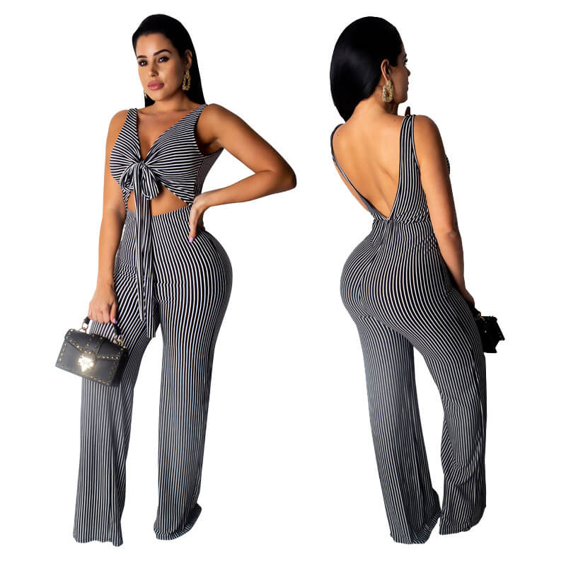 Stripe Wide Leg Backless Summer Jumpsuits