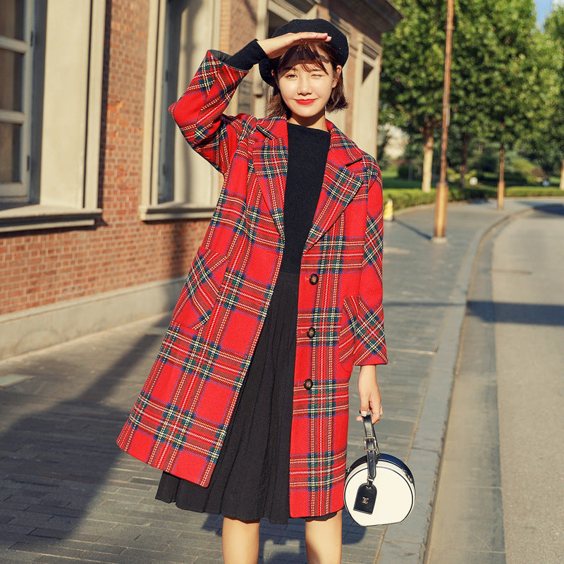 Lapel Collar Plaid Women Oversized Peacoat Coat