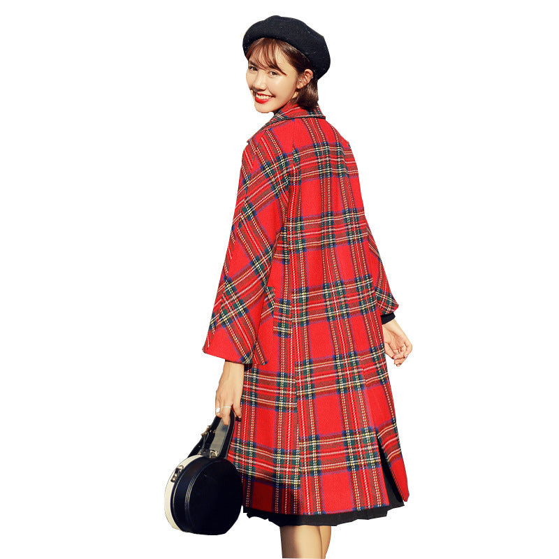 Lapel Collar Plaid Women Oversized Peacoat Coat