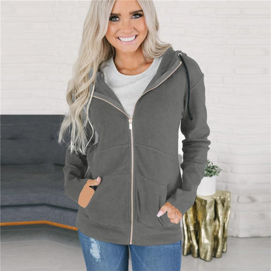 Solid Color Zipper Women Loose Short Hooded Coat