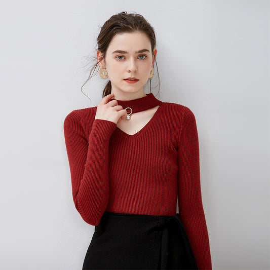 V-neck Cut Out Halter Solid Color Women Slim Sweater