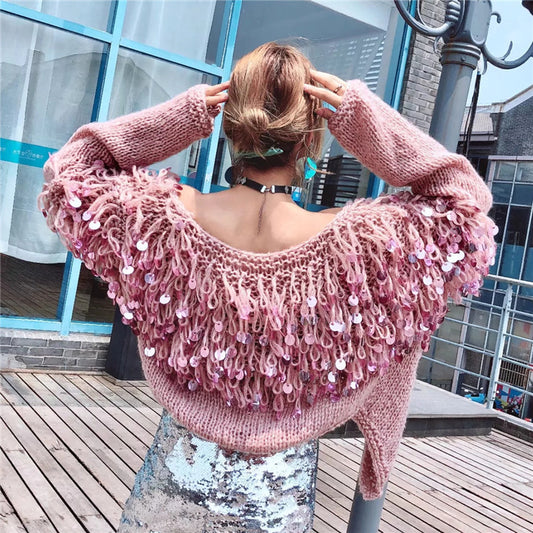 Tassels Sequins Loose Knit Women Oversized Cocoon Cardigan