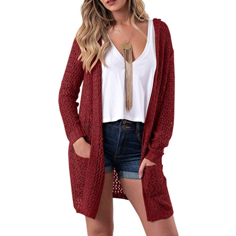 Hollow Out Knitwear Women Oversized Hooded Cocoon Cardigan