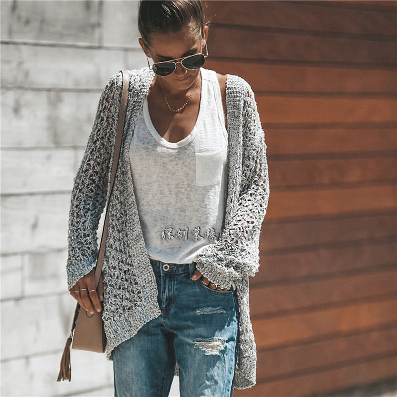 Hollow Out Knitwear Women Long Loose Cardigan Sweater