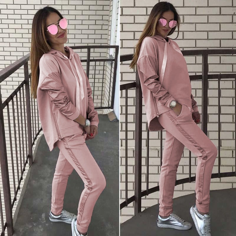 Solid Color Draw-sting Loose Hoodie with Long Pants Women Casual Two Pieces Set