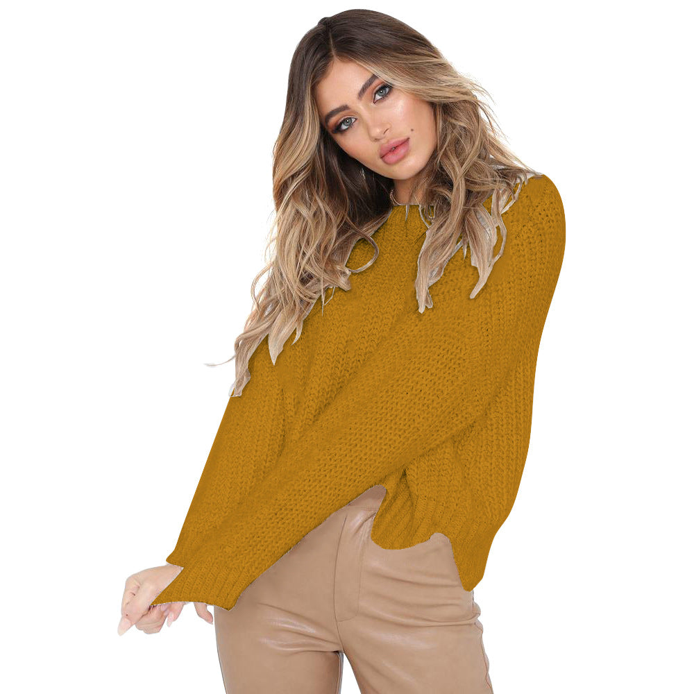 Round Neck Solid Color Irregular Loose Women's Sweater