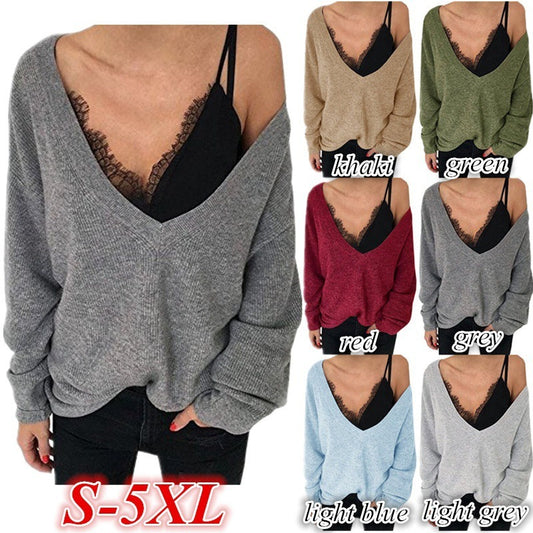 Off the Shoulder V-neck Loose Women Pullover Sweater