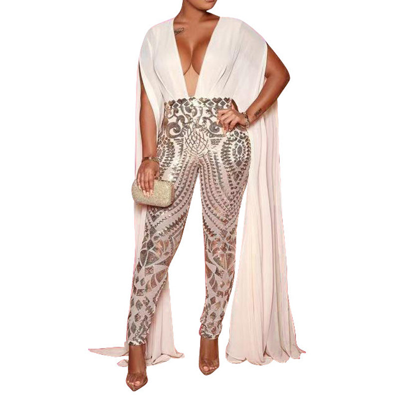 Sexy Sleeveless V Neck Glitter Skinny High Waist Jumpsuit 