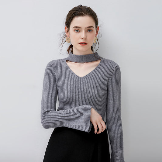 Cut Out Long Bell Sleeves Women Solid Color Slim Sweater