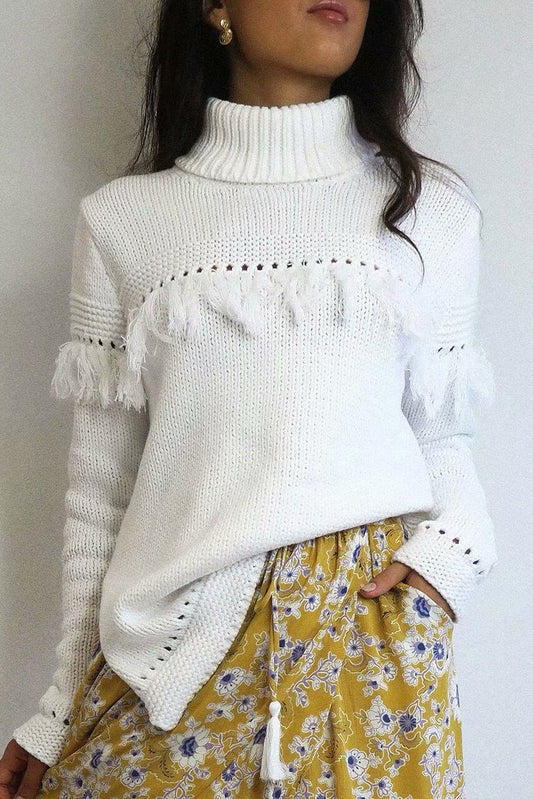 Turtleneck Tessles Hollow Out Split Women Pullover White Long Oversized Sweater