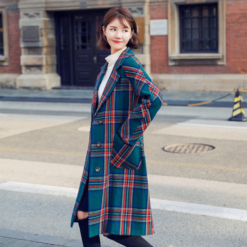 Lapel Collar Plaid Women Oversized Peacoat Coat