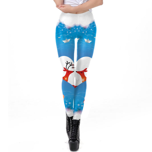 Cartoon Print Middle Waist Elastic Women Skinny Christmas Leggings