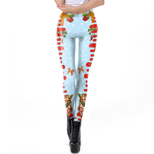 Mid Elastic Waist Print Women Christmas Party Skinny Leggings