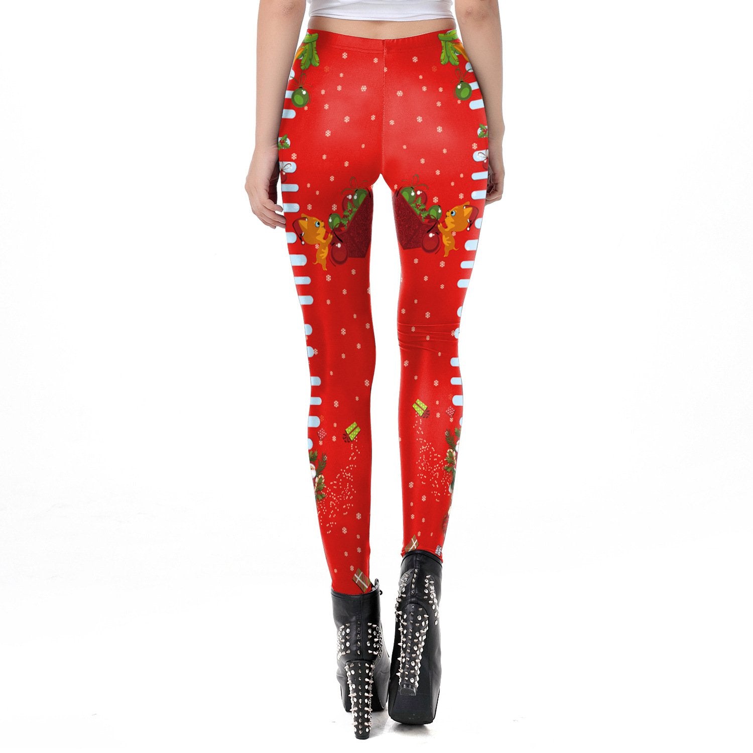 Mid Elastic Waist Print Women Christmas Party Skinny Leggings