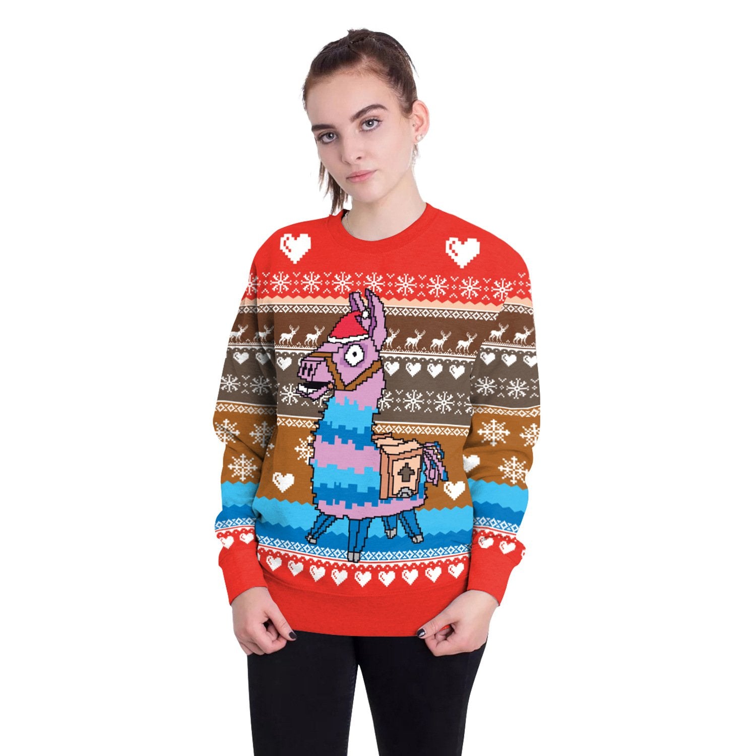 Cartoon Horse Print Women Scoop Christmas Sweatshirt