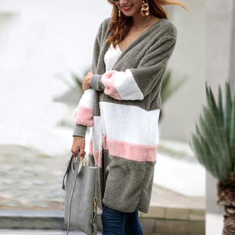 Open Front Fuzzy Colorblock Cardigan Coat