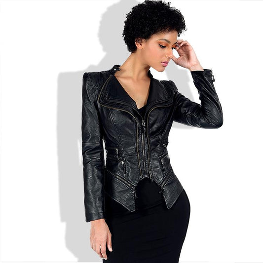 Irregular Lapel Zippers Women Slim Motorcycle Short PU Jacket