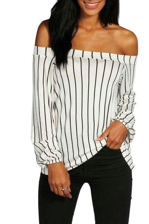 Off Shoulder Striped Long Sleeves Regular Blouse