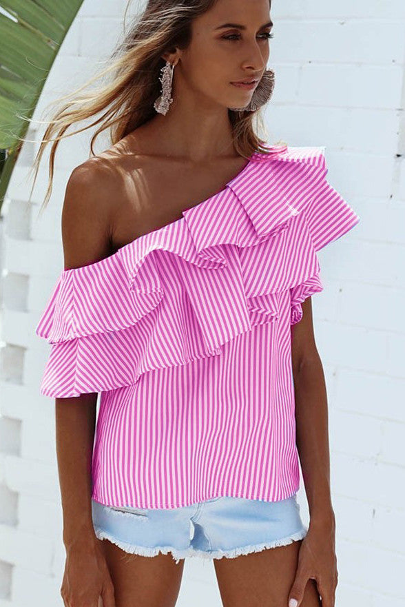 Striped One Shoulder Short Sleeves Loose Blouse