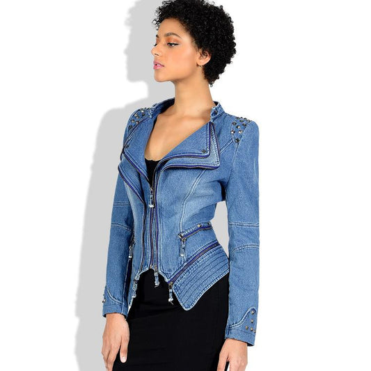 Rives Lapel Zipper Decorate Women Slim Irregular Short Denim Jacket