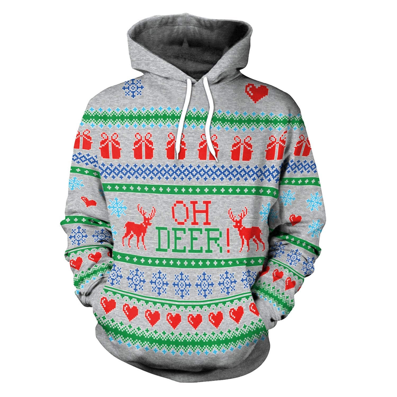 Cartoon Deer Print Drawstring Women Christmas Party Hoodie