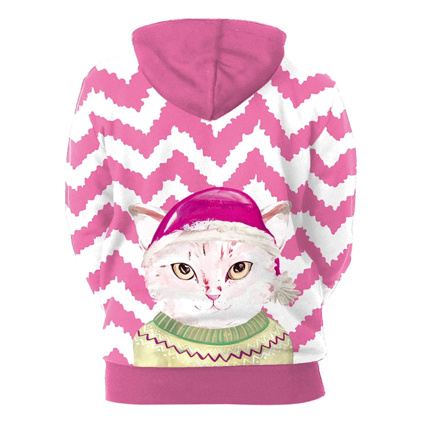 Cat with Hat Cartoon Digital Print Women Christmas Hoodie