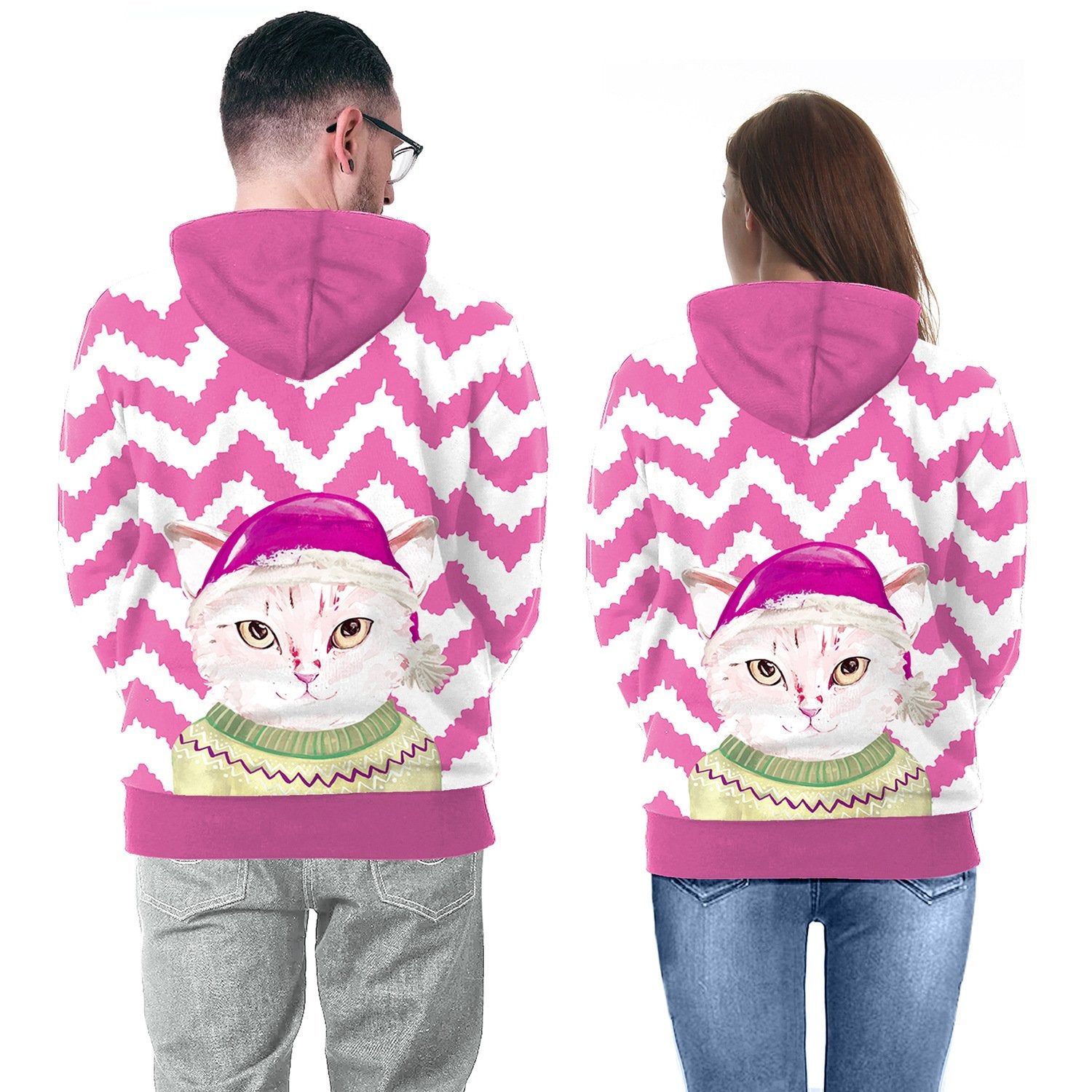 Cat with Hat Cartoon Digital Print Women Christmas Hoodie