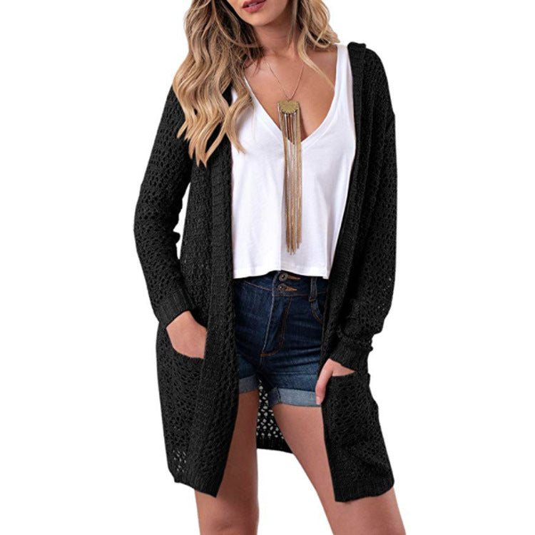 Hollow Out Knitwear Women Oversized Hooded Cocoon Cardigan